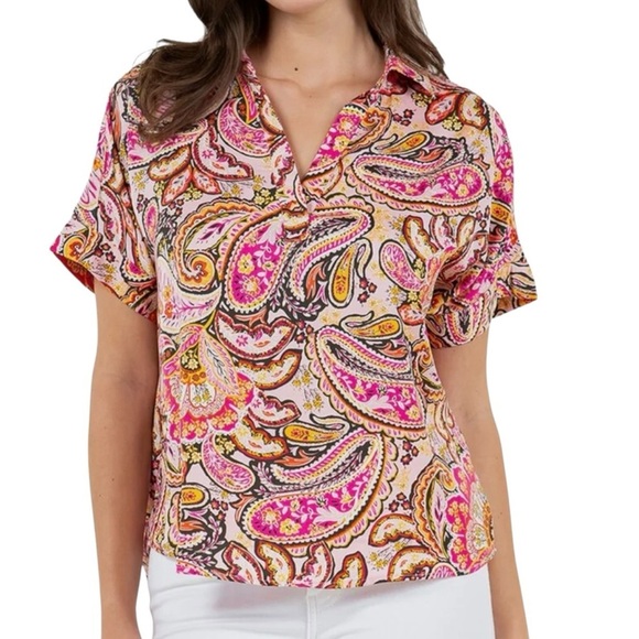 Single Thread Pink Paisley Satin Like Top with Collar, Paisley Print Blouse S - Picture 2 of 14